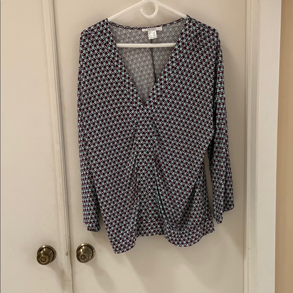 VENUS Blue Wrap Blouse with Long Sleeves